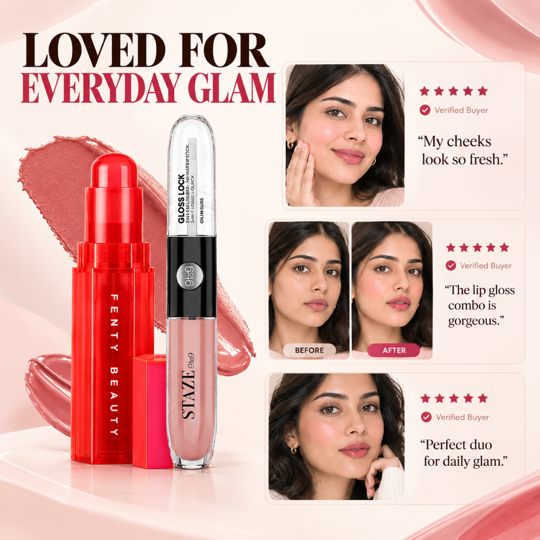 Fenty Beauty Matchstix & Staze 9to9 Gloss Lock Duo – Buy 1 Get 1 FREE – Color-Adaptive Blush & 12H Lip Tint – Matte to Gloss Finish