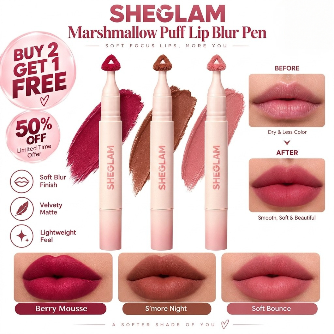 SHEGLAM Marshmallow Puff Lip Blur Pen + Buy 2 Get 1 FREE – Soft Focus Lips, More You – Velvety Matte, Lightweight Feel – Blurred Matte Finish – Transfer & Sweat Proof