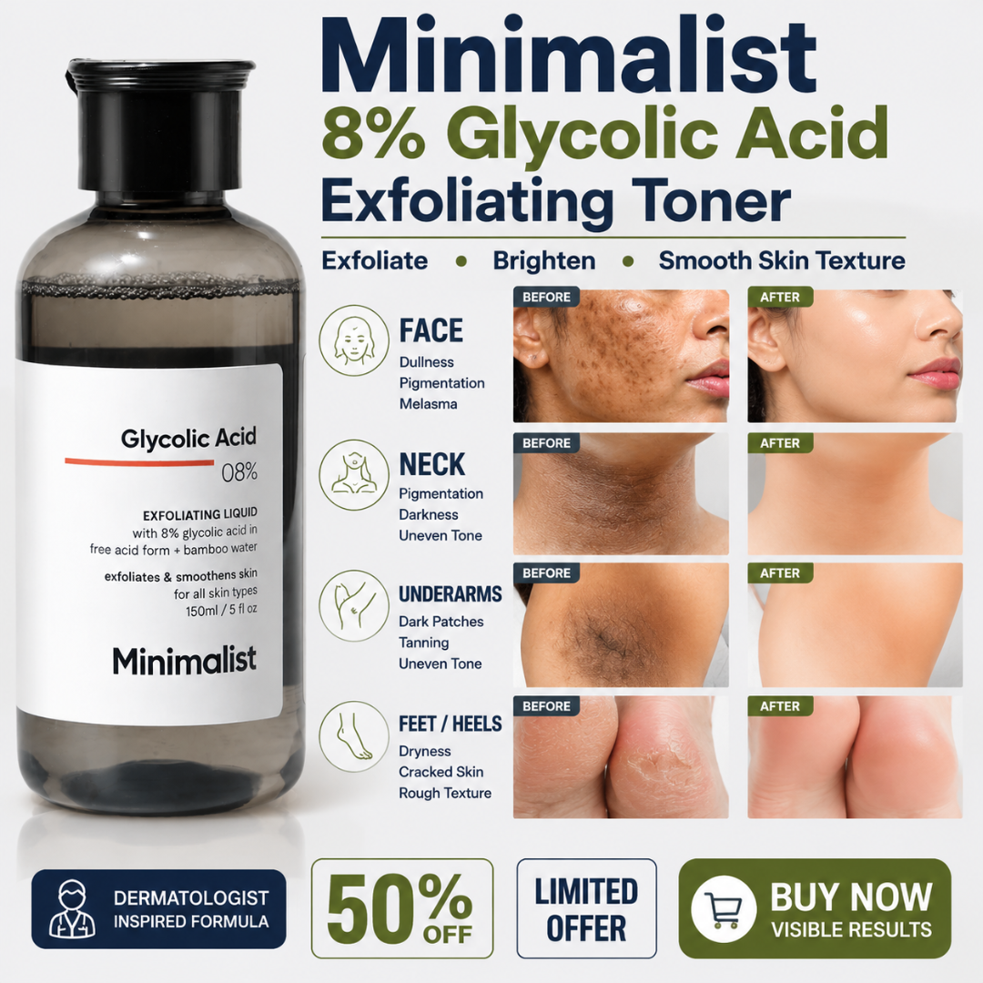 Minimalist 8% Glycolic Acid Exfoliating Toner – Exfoliate, Brighten & Smooth Skin Texture – For Face, Neck, Underarms & Feet – With Bamboo Water & Aloe Extract – Fades Pigmentation, Dark Patches, Dryness & Cracked Heels