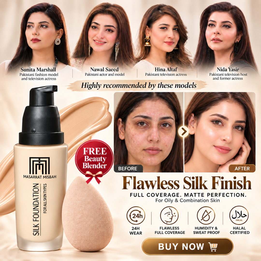 Masarrat Misbah Silk Foundation – 24H Full Coverage Matte Finish – 100% Halal Certified – Includes FREE Beauty Blender