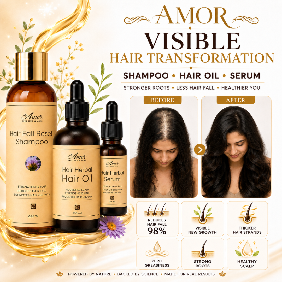 Amor Hair Reset Trio – Stronger Roots, Less Hair Fall & Healthier You – Shampoo + Hair Oil + Serum – For All Hair Types