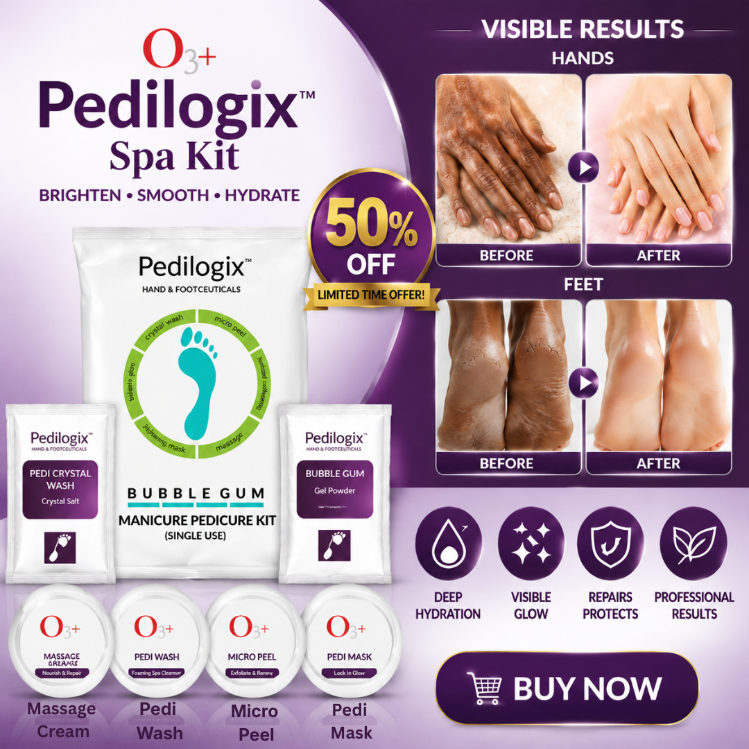 O3+ Pedilogix Spa Kit – Brighten, Smooth & Hydrate – Professional 6-Step Manicure & Pedicure Kit for Hands & Feet – Crystal Wash, Micro Peel, Bubble Gum Gel, Massage Cream & Pedi Mask – Single Use – Spa Results at Home