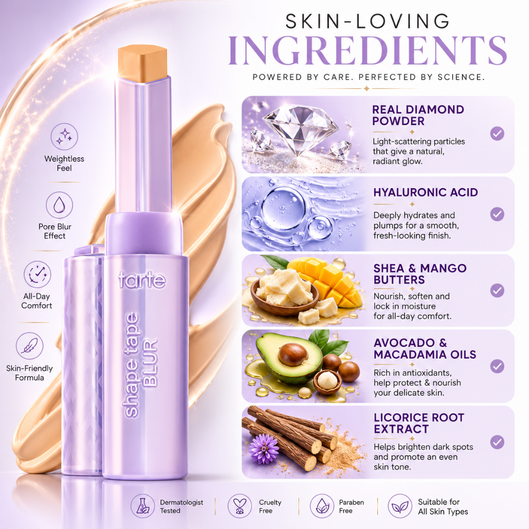 tarte Shape Tape BLUR Stick – Weightless Coverage, Pore Blur & Instant Brightening – Creamy Lightweight Texture, Soft Focus Pore Blur – Hydrating & Smooth Finish
