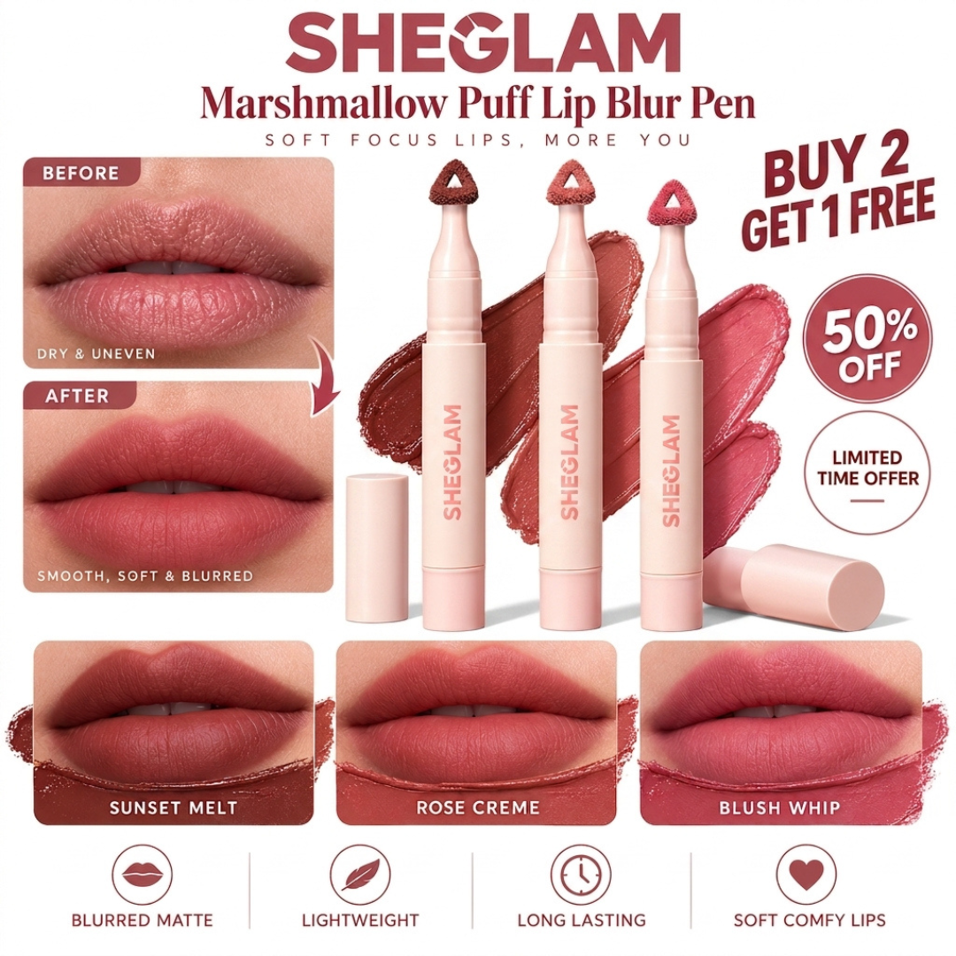 SHEGLAM Marshmallow Puff Lip Blur Pen + Buy 2 Get 1 FREE – Soft Focus Lips, More You – Velvety Matte, Lightweight Feel – Blurred Matte Finish – Transfer & Sweat Proof