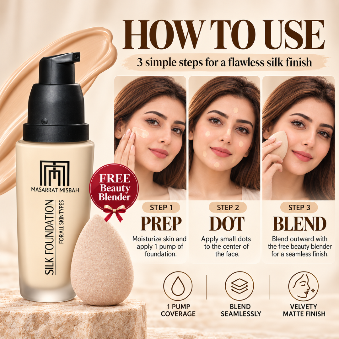 Masarrat Misbah Silk Foundation – 24H Full Coverage Matte Finish – 100% Halal Certified – Includes FREE Beauty Blender