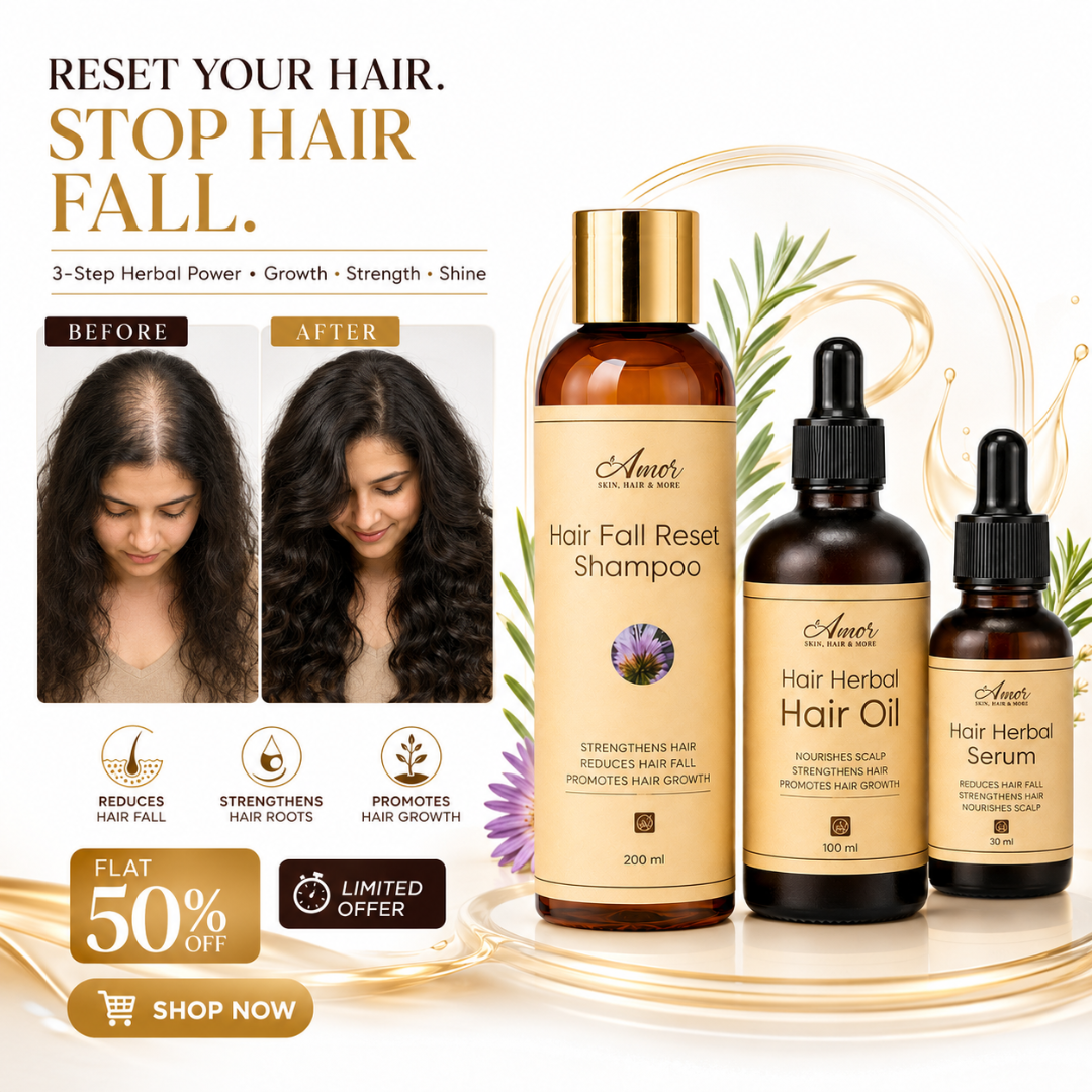 Amor Hair Reset Trio – Stronger Roots, Less Hair Fall & Healthier You – Shampoo + Hair Oil + Serum – For All Hair Types