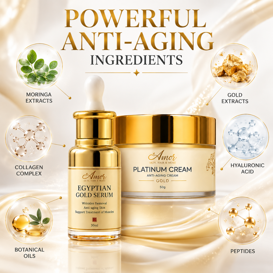 Amor Egyptian Gold Serum + Platinum Anti-Aging Cream Duo – Luxury Gold Anti-Aging – Firms Skin, Deeply Hydrates – With Gold Extracts, Moringa, Collagen Complex, Hyaluronic Acid & Peptides