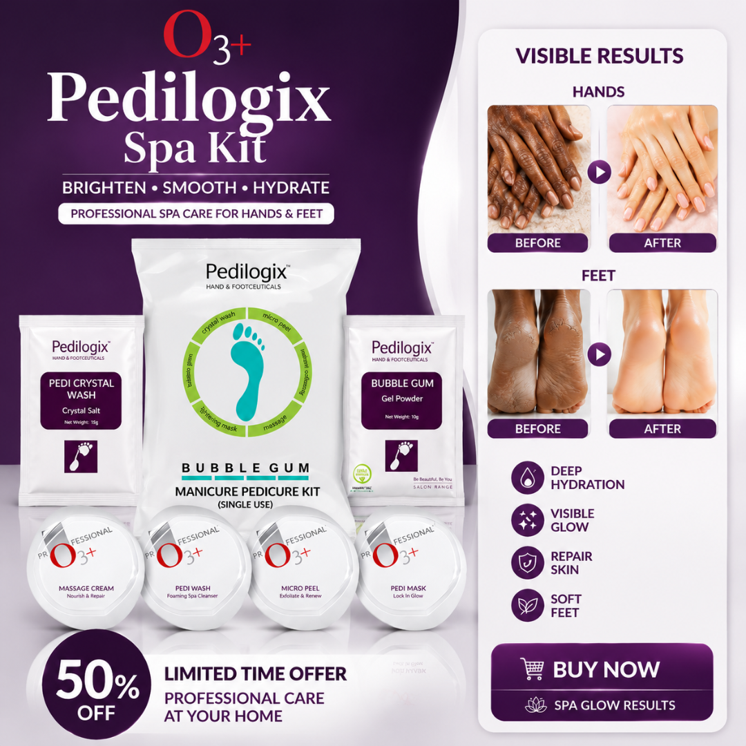 O3+ Pedilogix Spa Kit – Brighten, Smooth & Hydrate – Professional 6-Step Manicure & Pedicure Kit for Hands & Feet – Crystal Wash, Micro Peel, Bubble Gum Gel, Massage Cream & Pedi Mask – Single Use – Spa Results at Home