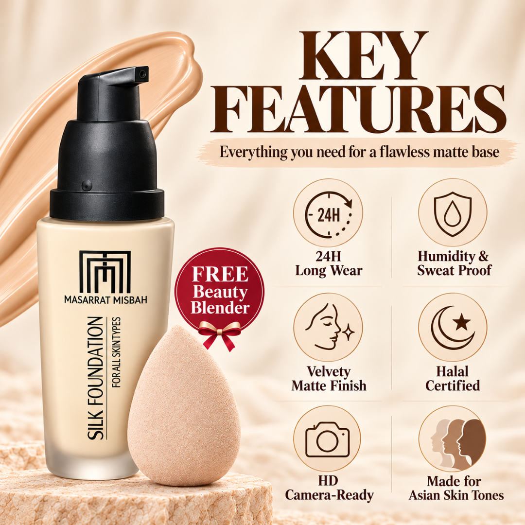Masarrat Misbah Silk Foundation – 24H Full Coverage Matte Finish – 100% Halal Certified – Includes FREE Beauty Blender