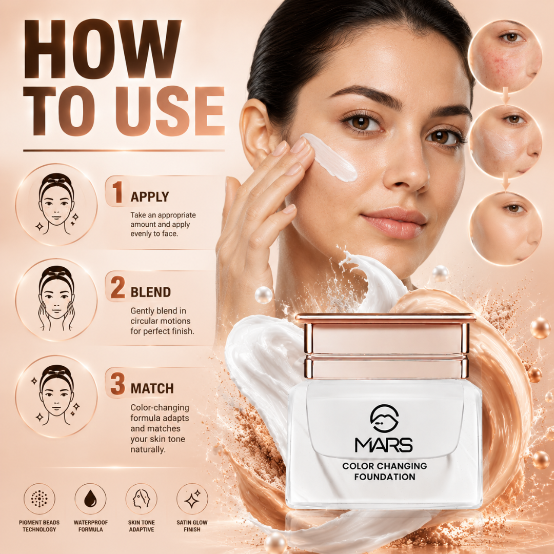3-in-1 Color Changing Foundation – Full Coverage, Waterproof & Color Match – Adapts to Your Skin Tone – Waterproof, Long-Lasting, Satin Glow Finish – Conceals Imperfections for Flawless