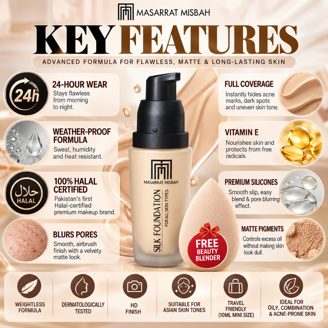 Masarrat Misbah Silk Foundation – 24H Full Coverage Matte Finish – 100% Halal Certified – Includes FREE Beauty Blender