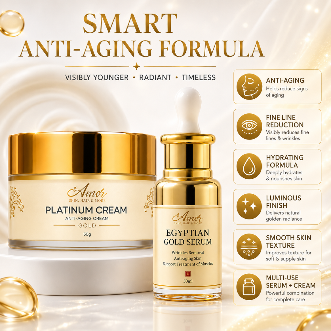 Amor Egyptian Gold Serum + Platinum Anti-Aging Cream Duo – Luxury Gold Anti-Aging – Firms Skin, Deeply Hydrates – With Gold Extracts, Moringa, Collagen Complex, Hyaluronic Acid & Peptides