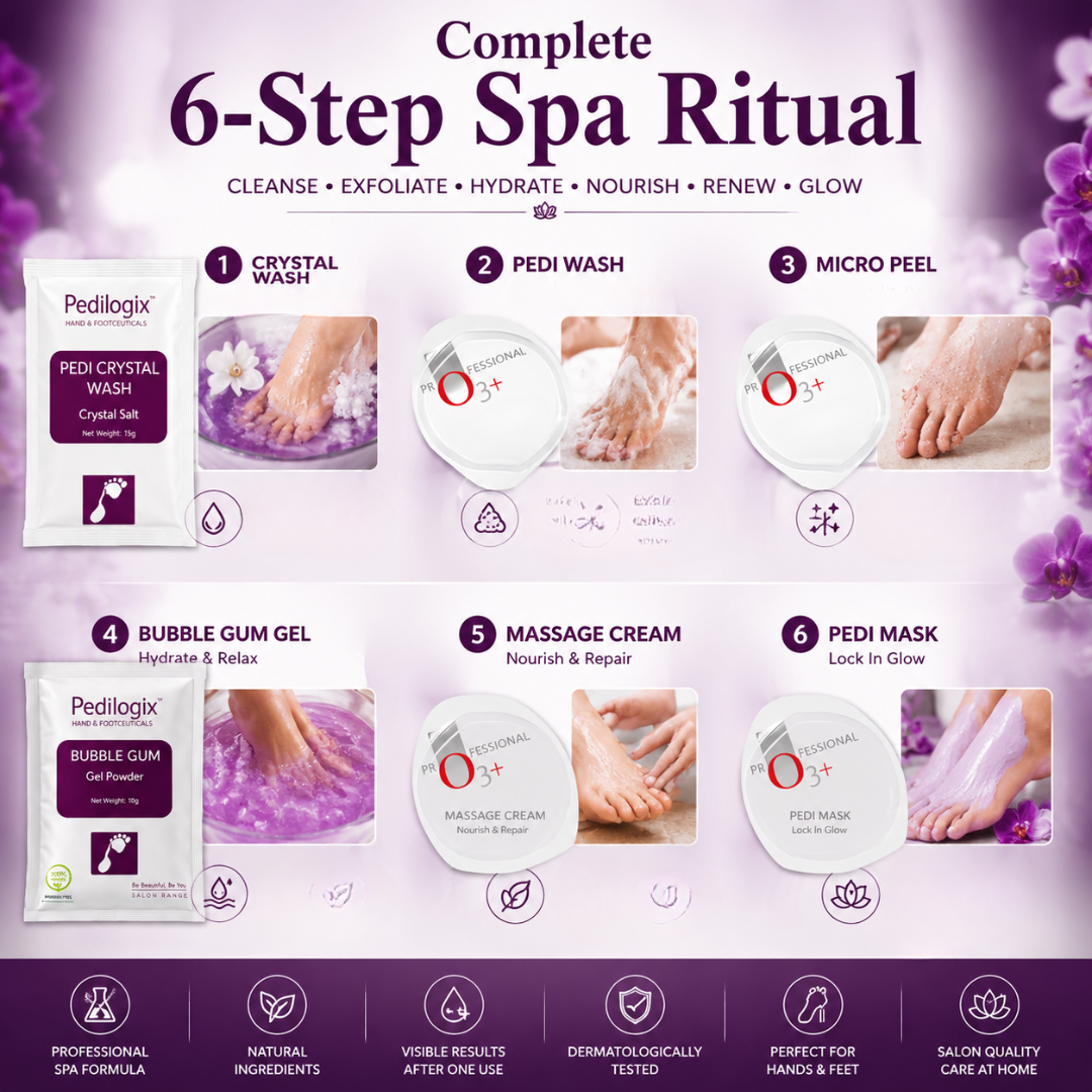 O3+ Pedilogix Spa Kit – Brighten, Smooth & Hydrate – Professional 6-Step Manicure & Pedicure Kit for Hands & Feet – Crystal Wash, Micro Peel, Bubble Gum Gel, Massage Cream & Pedi Mask – Single Use – Spa Results at Home
