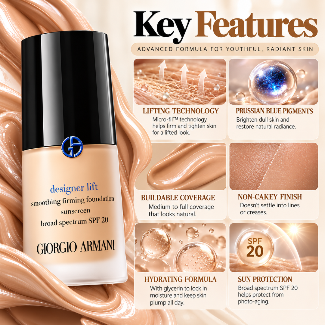 Giorgio Armani Designer Lift Smoothing Firming Foundation – SPF 20 Radiant Coverage & Instant Micro-Lifting Base