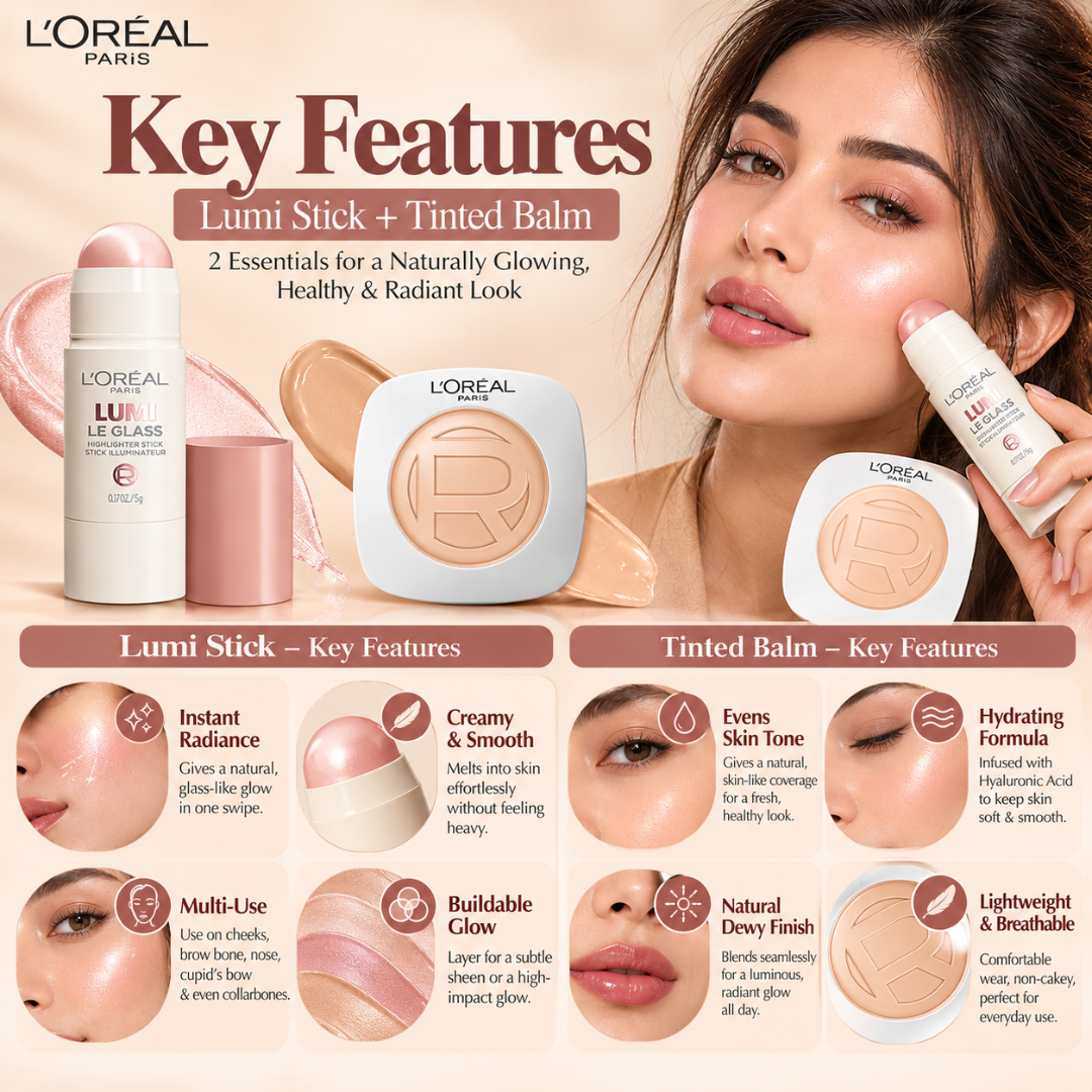 L'Oréal Paris Lumi Glow Duo – Tinted Balm Foundation & Le Glass Highlighter Stick – Flawless Radiant Coverage