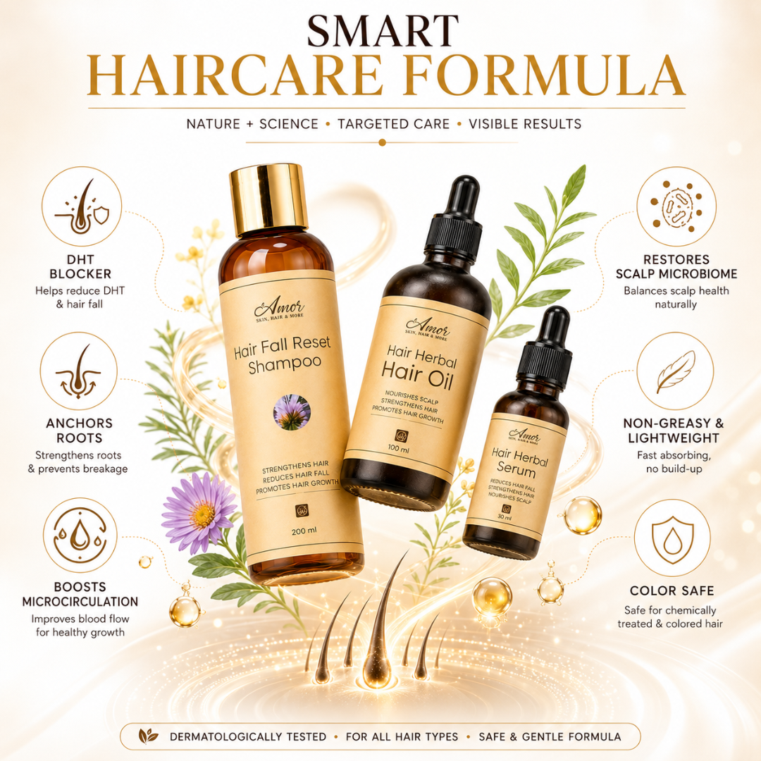 Amor Hair Reset Trio – Stronger Roots, Less Hair Fall & Healthier You – Shampoo + Hair Oil + Serum – For All Hair Types