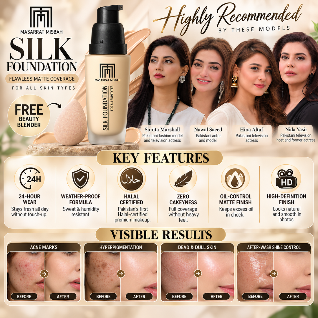 Masarrat Misbah Silk Foundation – 24H Full Coverage Matte Finish – 100% Halal Certified – Includes FREE Beauty Blender
