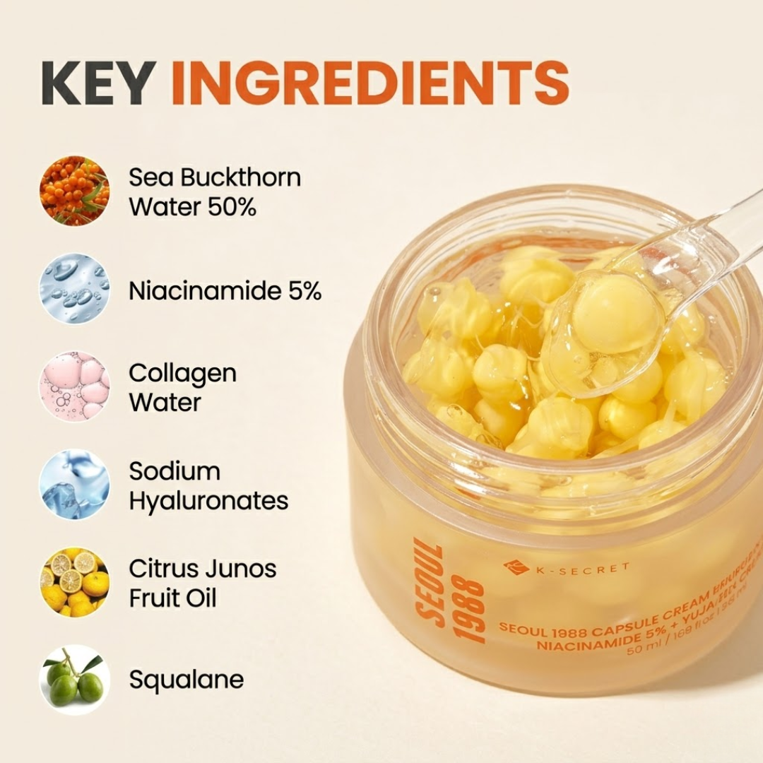 Seoul 1988 Niacinamide 5% + Yuja Capsule Cream | Brightening, Dark Spot Reduction & Skin Tone Evening with Sea Buckthorn & Collagen