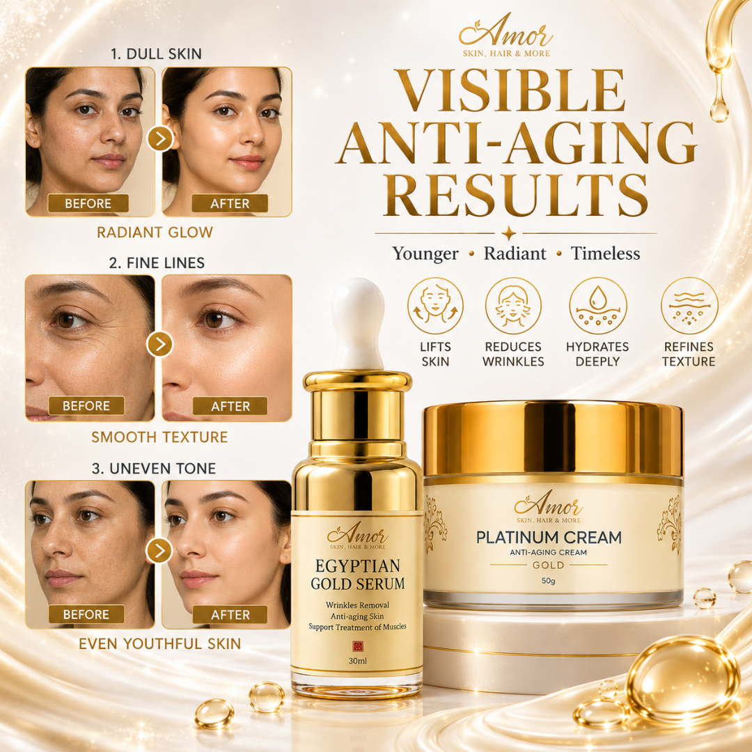 Amor Egyptian Gold Serum + Platinum Anti-Aging Cream Duo – Luxury Gold Anti-Aging – Firms Skin, Deeply Hydrates – With Gold Extracts, Moringa, Collagen Complex, Hyaluronic Acid & Peptides