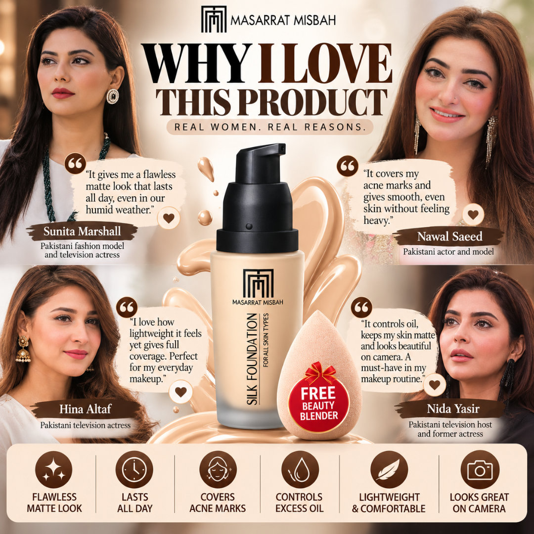Masarrat Misbah Silk Foundation – 24H Full Coverage Matte Finish – 100% Halal Certified – Includes FREE Beauty Blender