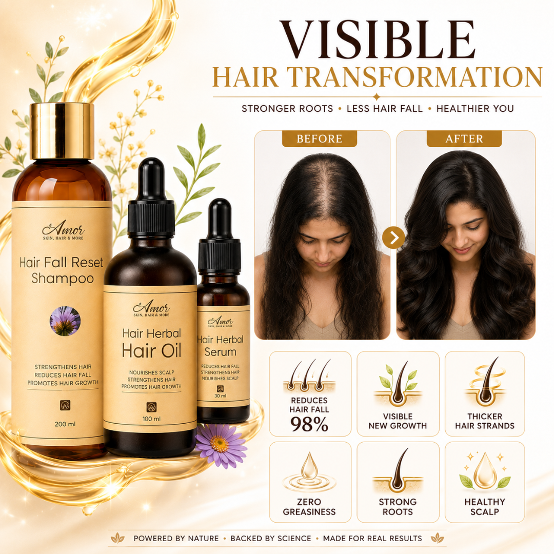 Amor Hair Reset Trio – Stronger Roots, Less Hair Fall & Healthier You – Shampoo + Hair Oil + Serum – For All Hair Types