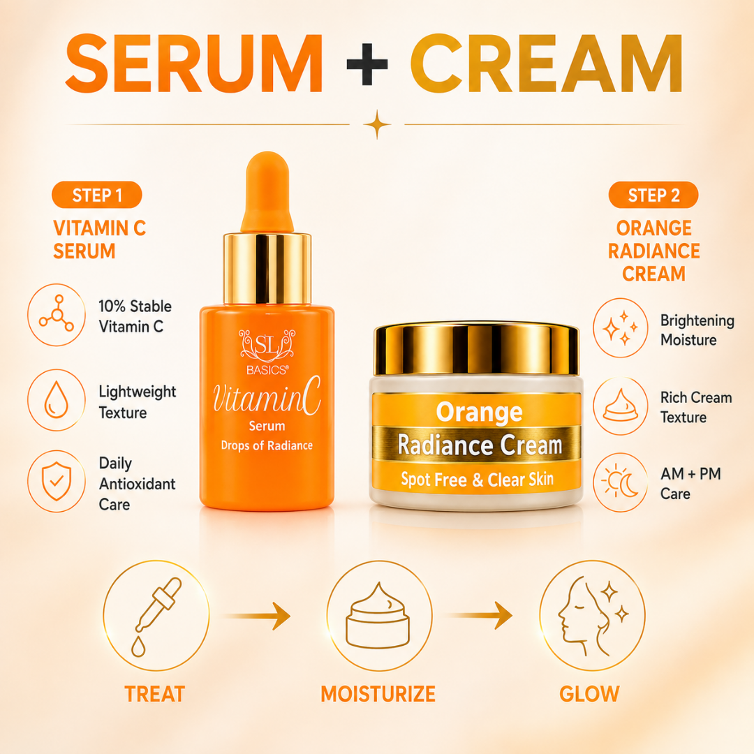 SL Basics Vitamin C Serum + Orange Radiance Cream Duo – 10% Stable Vitamin C Serum + Brightening Radiance Cream – For Spot-Free, Clear & Radiant Skin – Dark Spot Care, Tone Brightening & Deep Hydration