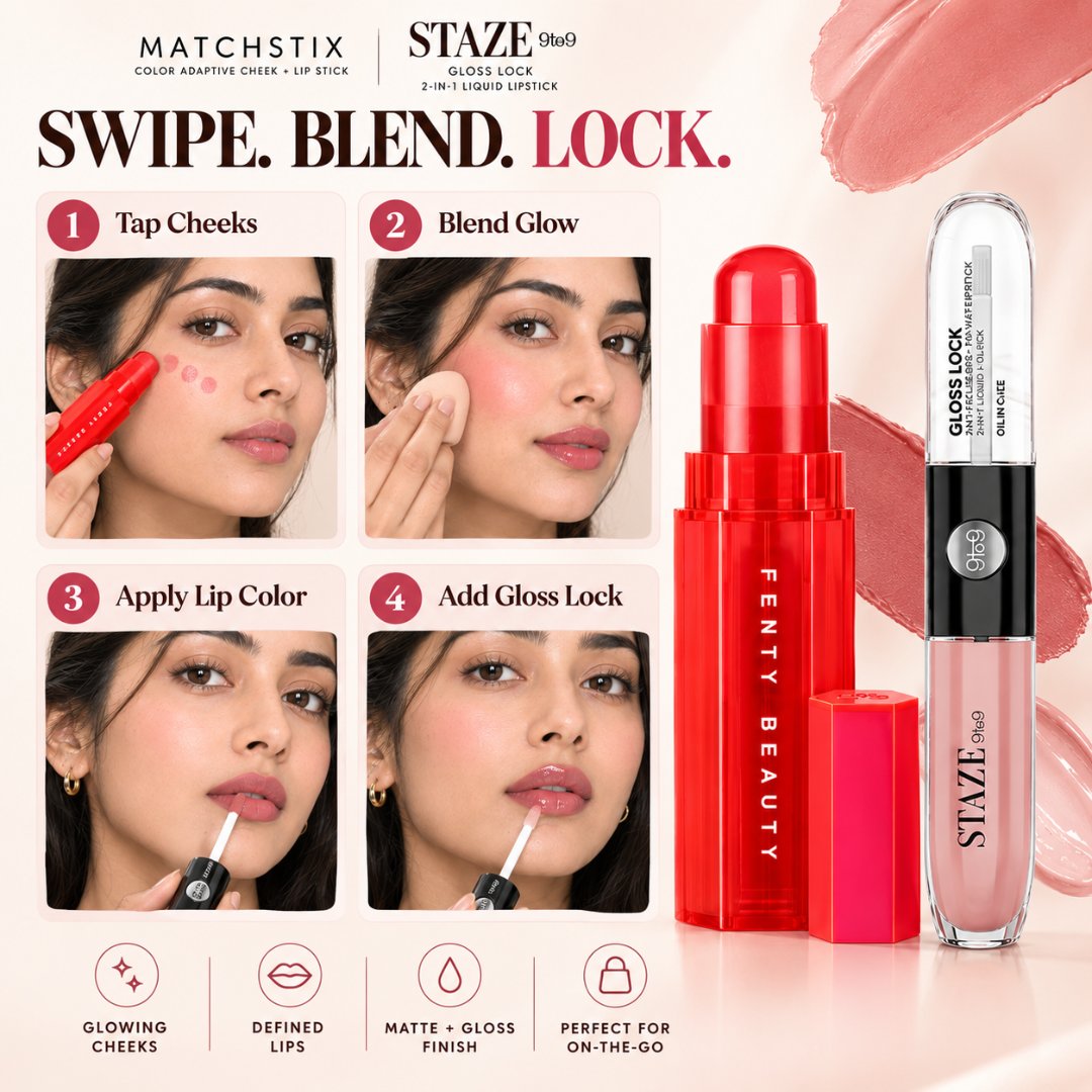 Fenty Beauty Matchstix & Staze 9to9 Gloss Lock Duo – Buy 1 Get 1 FREE – Color-Adaptive Blush & 12H Lip Tint – Matte to Gloss Finish