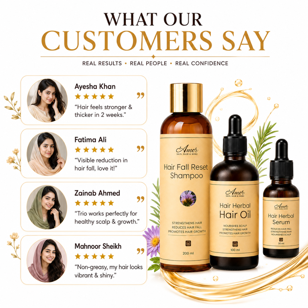 Amor Hair Reset Trio – Stronger Roots, Less Hair Fall & Healthier You – Shampoo + Hair Oil + Serum – For All Hair Types