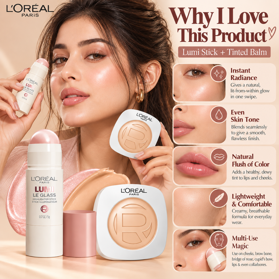 L'Oréal Paris Lumi Glow Duo – Tinted Balm Foundation & Le Glass Highlighter Stick – Flawless Radiant Coverage