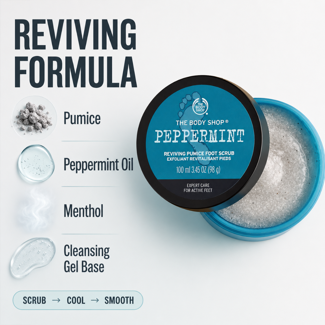 The Body Shop Peppermint Reviving Pumice Foot Scrub – Smooth, Cool & Revive – Expert Care for Active Feet – Buffs Rough Skin, Cooling Freshness – With Natural Pumice & Peppermint Oil