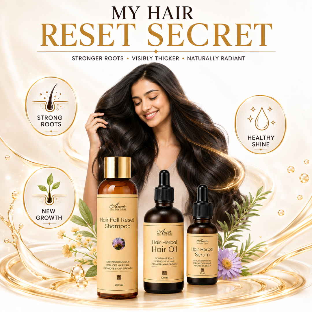 Amor Hair Reset Trio – Stronger Roots, Less Hair Fall & Healthier You – Shampoo + Hair Oil + Serum – For All Hair Types