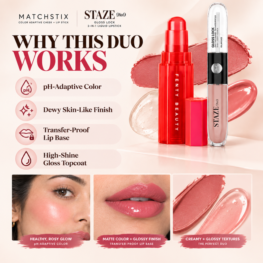 Fenty Beauty Matchstix & Staze 9to9 Gloss Lock Duo – Buy 1 Get 1 FREE – Color-Adaptive Blush & 12H Lip Tint – Matte to Gloss Finish