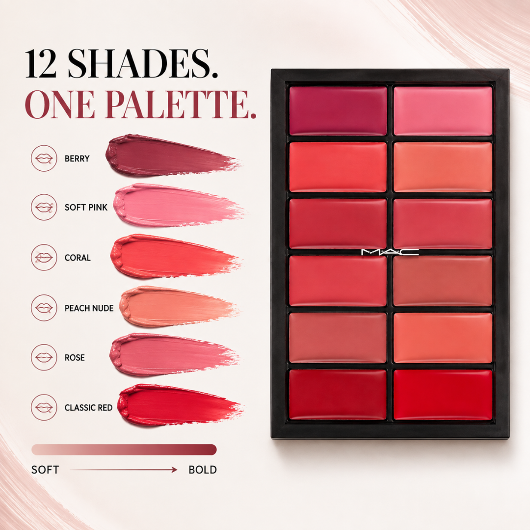 12-Shade Custom Lip MAC Lipsticks Palette – Mix, Blend & Create – 12 Wearable Colors, Endless Looks – Pro-Level Pigment, Artist-Friendly – Create Your Signature Lip Shade – For All Skin Tones