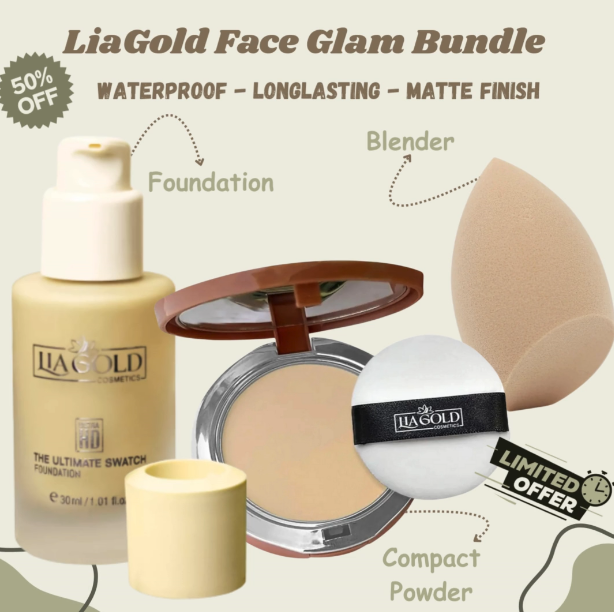 LiaGold Face Glam Bundle - includes Foundation, compact powder & beauty blender